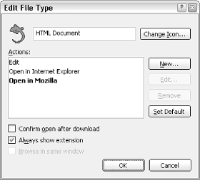 The Edit File Type window shows the customizable actions (each of which appears as a context-menu item) for any given file type