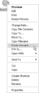 A context menu for the bitmap file type shows the default Preview option, as well as the extra Edit and Power Rename... options