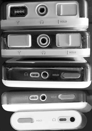 The headphone jack in the center and the Hold switch on the right side have remained up top in all generations of the iPod, but the FireWire port has roamed.The original 2001 iPod (top) is wider than later models and has no plastic cover for the FireWire port like the 2002 iPod (second from top) does.The 2003 iPod (middle), 2004 iPod (second from bottom), and the iPod Mini (bottom) all have a remote jack closely aligned with the headphone port in the center. The Hold switch is still off to the right, but the FireWire port has changed shape and migrated to the bottom of the device.