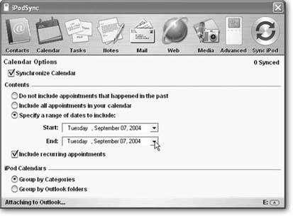 Just as it can shuttle your Outlook contacts over to the iPod, iPodSync can likewise get those important appointments and other information out of your PC and onto your iPod with just a few clicks–and with no nasty format messes to clean up afterward.