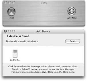 Top: When you first open iSync, it doesn’t “see” the iPod.Bottom: But once iSync has looked around and found your iPod, you can add it to the brushed-metal toolbar by dragging its icon—or by simply double-clicking it.