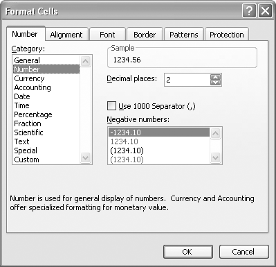 Format Cells with the Number category selected