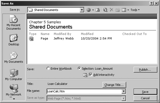 Publishing a worksheet as a SharePoint web page
