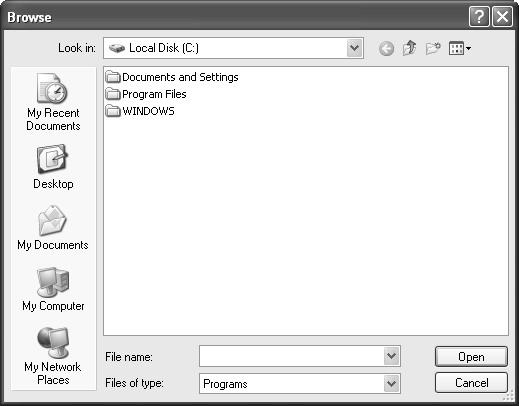 The Browse dialog box, which makes frequent appearances in Windows XP, lets you navigate the folders on your computer to find a file. The five icons at the left side make it easy to jump to the places where you’re most likely to find the document you want. If you enter a drive letter and a colon in the Run dialog box before clicking the Browse button (like C:), the Browse dialog box opens with a display of that drive’s contents. Supertip: You can customize this list of folders, so that the ones you use most often show up here, too. All you need is TweakUI, described in Appendix A.
