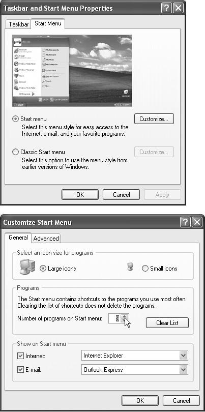 Top: The only task you can perform on this first screen is to turn off the new, Windows XP double-column Start menu design to return to the older, single-column Classic Start menu design of Windows versions gone by. The good stuff awaits when you click the Customize button. Bottom: Here’s the General tab of the Customize Start Menu dialog box. (The Clear List button refers to the lower-left section of the Start menu, which lists the programs you use most often. Click Clear List if you don’t want to risk your supervisor coming by while you’re up for coffee, and noticing that your most recently used programs are Tetris Max, Myst III, Tomb Raider, and Quake.)