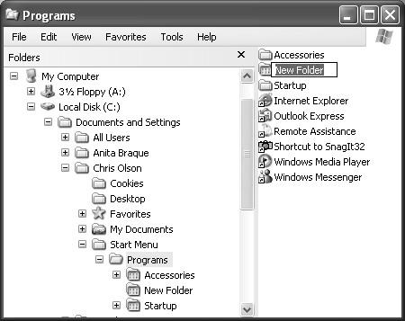 The listings on the All Programs menu appear in the right pane. Notice that some of the items have folder icons; these are the folders that hold submenus. If you click Programs (in the left pane) before creating the new folder, you’ll create a folder within the body of the All Programs list. To add a folder whose name will appear above the line in the All Programs menu, click Start Menu (in the left pane) before creating a new folder.