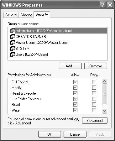 The Security tab of an NTFS folder’s Properties dialog box. If you have any aspirations to be a Windows XP power user, get used to this dialog box. You’re going to see it a lot, because almost every icon on a Windows XP system—files, folders, disks, printers—has a Security tab like this one.