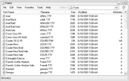The Details view of the Fonts folder shows the relationships between your font names and font filenames