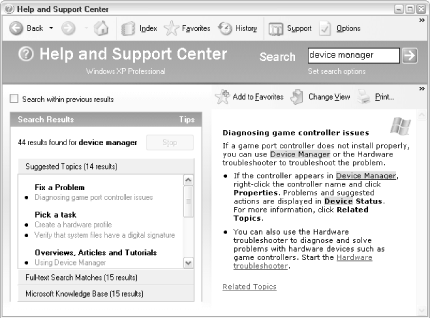 The search tool in the Help and Support Center shows the most relevant information in the included documentation and in Microsoft’s online knowledge base
