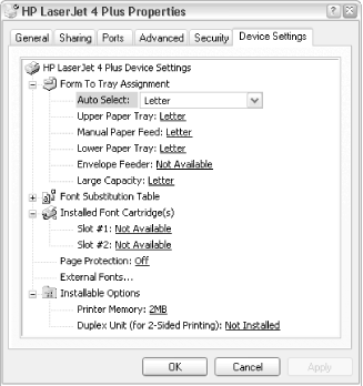 Use the Device Settings tab in your printer’s Properties sheet to fine-tune your printing preferences