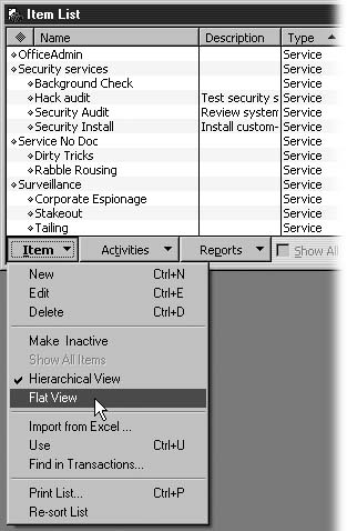 The Hierarchical view indents subitems in the item list, making it easy to differentiate the items that you use to structure the list from the items you actually sell. If you work with long lists of subitems, the parent might scroll off the screen. To keep the hierarchy of items visible at all times, in the menu bar at the bottom of the window, click Item and then choose Flat View. QuickBooks uses colons to separate the Itemsnamingnames for each level of item and subitem.