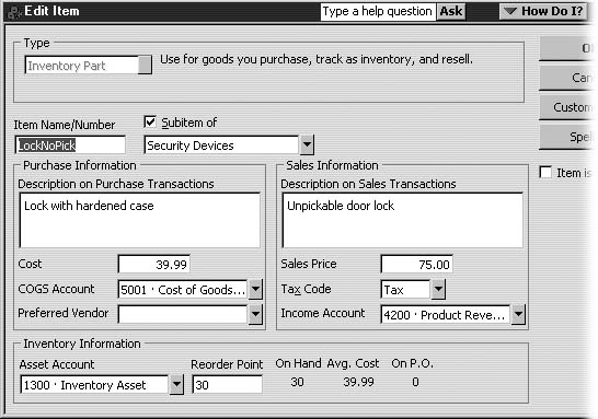 When you open the Edit ItemscreatingItem dialog box to inspect or alter an Inventory Part item, QuickBooks calculates several inventory statistics for that item. These statistics appear at the bottom of the dialog box. On Hand represents the quantity of the item available in inventory. Avg. Cost is the average cost you’ve paid for all the units you’ve purchased; QuickBooks uses the average cost when deducting the value of units sold from the inventory asset account. On P.O. is the number of units you have on purchase orders but have not yet received.