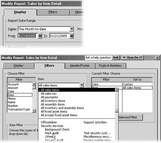 Top: If you know when you first used the item in a transaction, type or click that date in the From box. QuickBooks sets the date in the To box to the current date, which is perfect for this situation. Alternatively, in the Dates drop-down list, choose a pre-defined date range, such as This Fiscal Year-to-Date.Bottom: To filter the report by the item name, click the Filters tab. On the Filters tab, in the Filter list, choose Item. In the Item drop-down list, click the downward-pointing arrow and then select the item you want to delete. QuickBooks displays the modifications to the report in the Current Filter Choices section. Give these settings the once-over and if they look correct, click OK to revise the report.