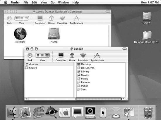 The Mac OS X 10.0 desktop and the Aqua user interface