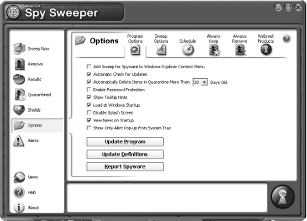 The Spy Sweeper configuration screen