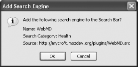 Confirming the addition of a new search engine to the Firefox Search Bar