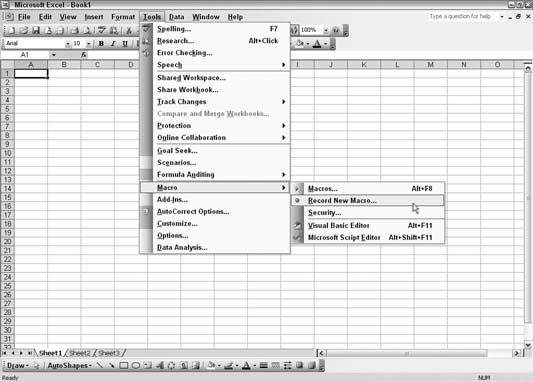 Starting to record an Excel macro