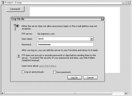 Entering a username and password for the FTP site
