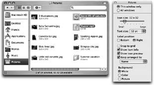 Thanks to the secret powers of the View Options palette (right), Mac OS X can display icon names on the right—and even show a second line of file info—in any icon view. You now have all the handy, freely draggable convenience of an icon view, along with the more compact spacing of a list view.