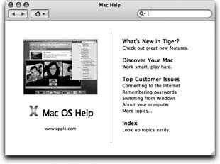 The Mac OS X Help system no longer bunches together the help pages from every program on your Mac, as it did in previous versions. When you're in the Finder, you get the general Macintosh help screens. When you're in iPhoto, you get only iPhoto help screens. And so on.But using the Home pop-up menu, you can switch to another program's Help system even if that program isn't open.