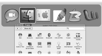 Apple calls this Windows-like row of open program icons a "heads-up display," partly because it's translucent (like the projected "heads-up display" data screens on a Navy jet windshield) and partly because you don't have to look down to the Dock to see what you're doing. (Shown here superimposed on another window to illustrate its translucence.)