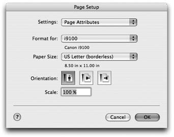 Here in Page Setup are the controls you need to print a document rotated sideways on the page, so that it prints "the long way." The Scale control, which lets you reduce or enlarge your document, can be handy if the program you're using doesn't offer such a control. And the Paper Size pop-up menu, of course, specifies the size of the paper you're printing on—US Letter, US Legal, envelopes, or one of the standard European or Japanese paper sizes (A4 and B5).