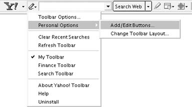 The options under the Yahoo! Toolbar Settings button