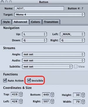 Selecting the Invisible option in DVD Studio Pro