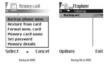 Backing up the entire phone memory to a file on the MMC card