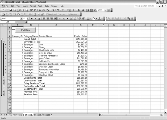 The resulting Excel file when the code in Example 3-5 is run showing subtotals instead of a pivot table, as well as details of the beverages category demonstrating how that works with subtotals