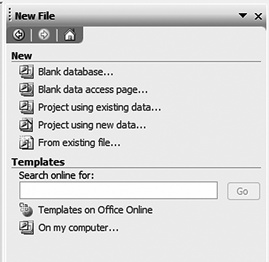 The new database menu that comes up in Microsoft Access 2003 when you select File → New
