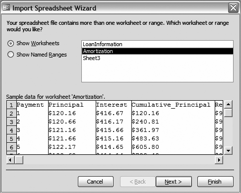 The first step of the Import Spreadsheet Wizard, when you can select importing worksheets or named ranges