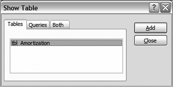 Dialog box allowing you to add one or more tables to a query