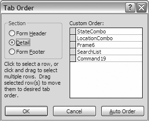 The Tab Order dialog, which allows you to set the tab order of a form's controls