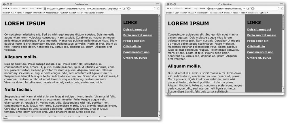 A web page with a liquid left column and a fixed-width right column