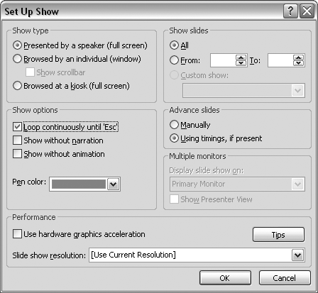 Specify various presentation settings in the Set Up Show dialog box. You must have two monitors attached for the Multiple Monitors options to be available.