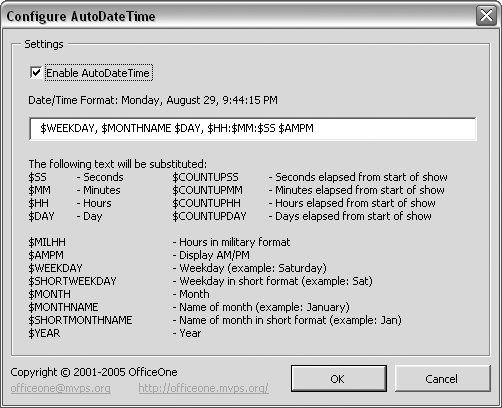 Choose Format â AutoDateTime to determine how the date and time will display.