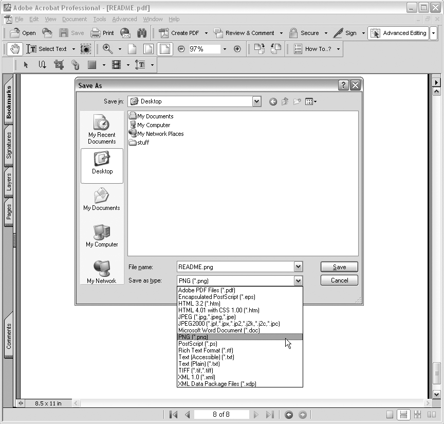 In the full version of Adobe Acrobat (but not in the free Adobe Reader), you can choose an image type to save the pages of the PDF as individual images.