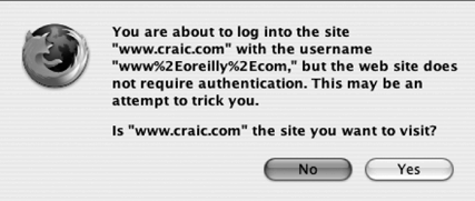 Warning dialog box in the Firefox browser when a URL containing a username is detected