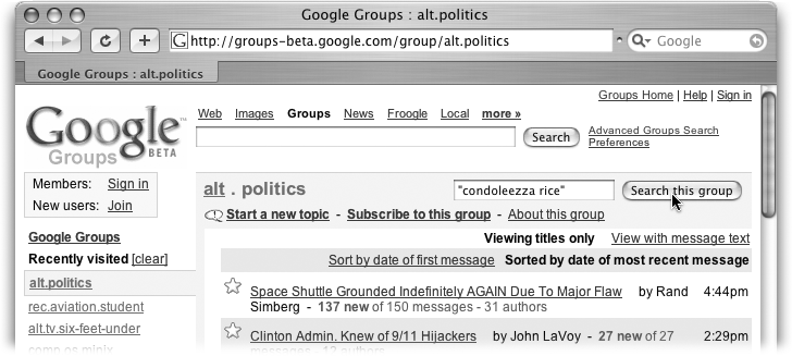 To limit your search to the alt.politics category, select it, type in your keywords, and click “Search this group.”