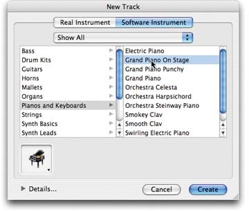 This dialog box appears when you choose Track → New Track. These instrument sounds all look delicious, but how are you supposed to know which one sounds exactly right for your piece? Simple: Press a few keys on your MIDI controller (or, if you’re using Musical Typing, the A row of your keyboard). Use your arrow keys to walk through the instrument list, and play a few more keys to hear the next sound.