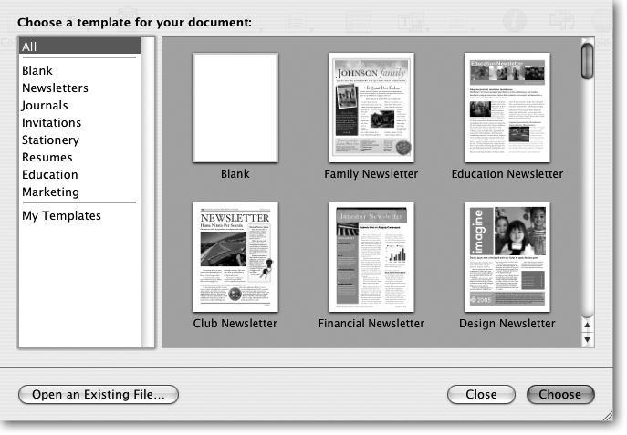In order to view the available templates, click the categories listed on the left side of the window, or leave "All" selected to view the entire collection. Use the scroll bar on the right side of the window to see all the template images in that category. To make your selection, simply double-click the template image or its title, or, if you like to do things in a more roundabout fashion, click the template once, and then click Choose (or press Return).