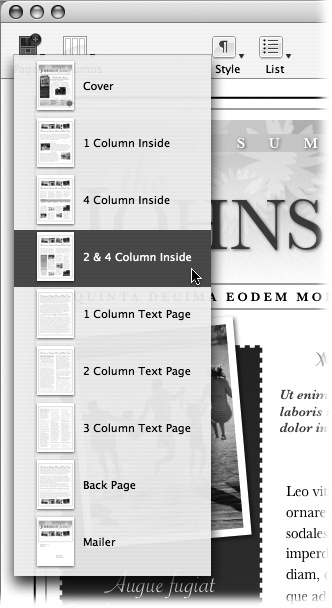 Most of Pages' templates contain more than one page. From the toolbar's Pages button, choose a new page style to add pages to your document. You can add pages from this menu in any order, and use each of the page designs as many times as you need to.