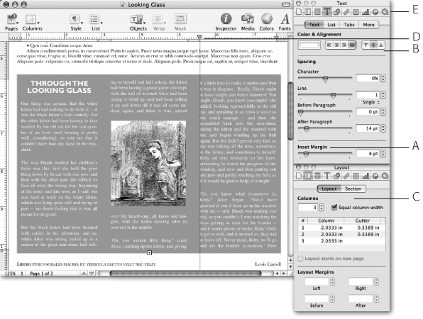 The Text Inspector controls text inside a text box just as it does body text. Additional controls let you adjust the margin inside the text box with the Inset Margin slider (A), and the vertical alignment using the three vertical alignment buttons (B). Choose to align the text against the top of the text box, vertically centered, or against the bottom. Add columns and adjust them using the Layout Inspector (C), or adjust them directly using the ruler (D). Increase your inspector efficiency by opening two or more inspectors at a time. Option-click one of the inspector buttons (E) to open a new inspector.
