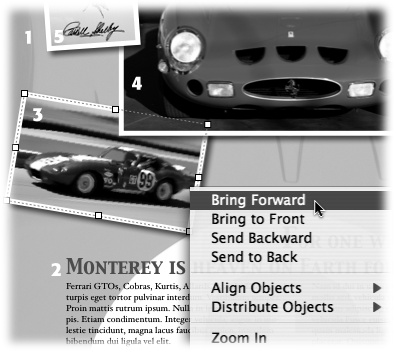 Control-click (or right-click) and choose one of the four arrange commands to move the object in front of or behind other objects. This document shows five layers, starting with a background image (1), a text layer (2), and pictures in three more layers (3, 4, 5).