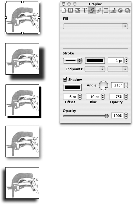In the Graphic Inspector, turn on the Shadow checkbox to add a three-dimensional quality to your documents. Click the shadow color well to change a shadow's color, and manipulate the other controls for various effects.Top to bottom: The standard shadow, increased offset, decreased blur, decreased opacity, and a change of angle.
