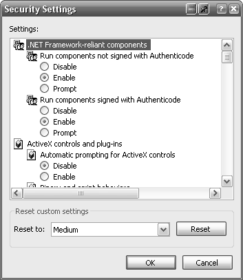 Use the Security Settings window to turn off some of the more dangerous Internet Explorer features.