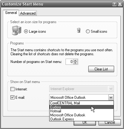 Choose your favorite email program to appear in the Start menu.