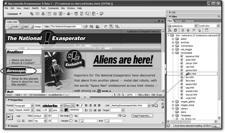 In this figure, the text “Horoscopes” (circled) is selected in the document window. To link to another page, drag from the Point-to-File icon in the Property inspector to a Web page in the Files panel (right). In this example, Dreamweaver creates a link to the Web page called index.html inside the horoscopes folder. You could also Shift-drag from the text “Horoscopes” to the page index.html in the Files panel to create the same link.
