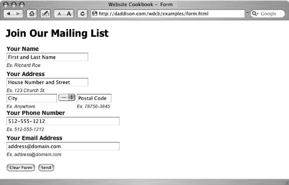 A form with sample data guides users through the information they need to enter. The gray italic labels indicate how information such as phone numbers and email addresses should be formatted. The mock data in the actual fields disappears automatically when a respondent clicks in the field